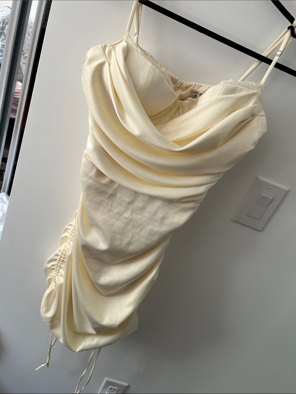 Cream Satin Cowl Neck Mini Dress with Adjustable Side Ruche ASIS